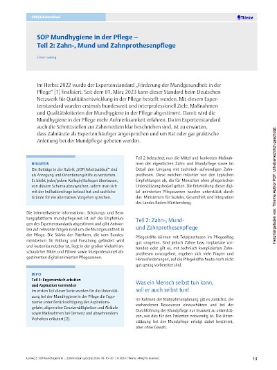 Presse Veröffentlichungen SOP Mundhygiene in der Pflege - Teil 2: Zahn-, Mund und Zahnprothesenpflege, in: Zahnmedizin up2date 2024, Thieme, S. 13-20